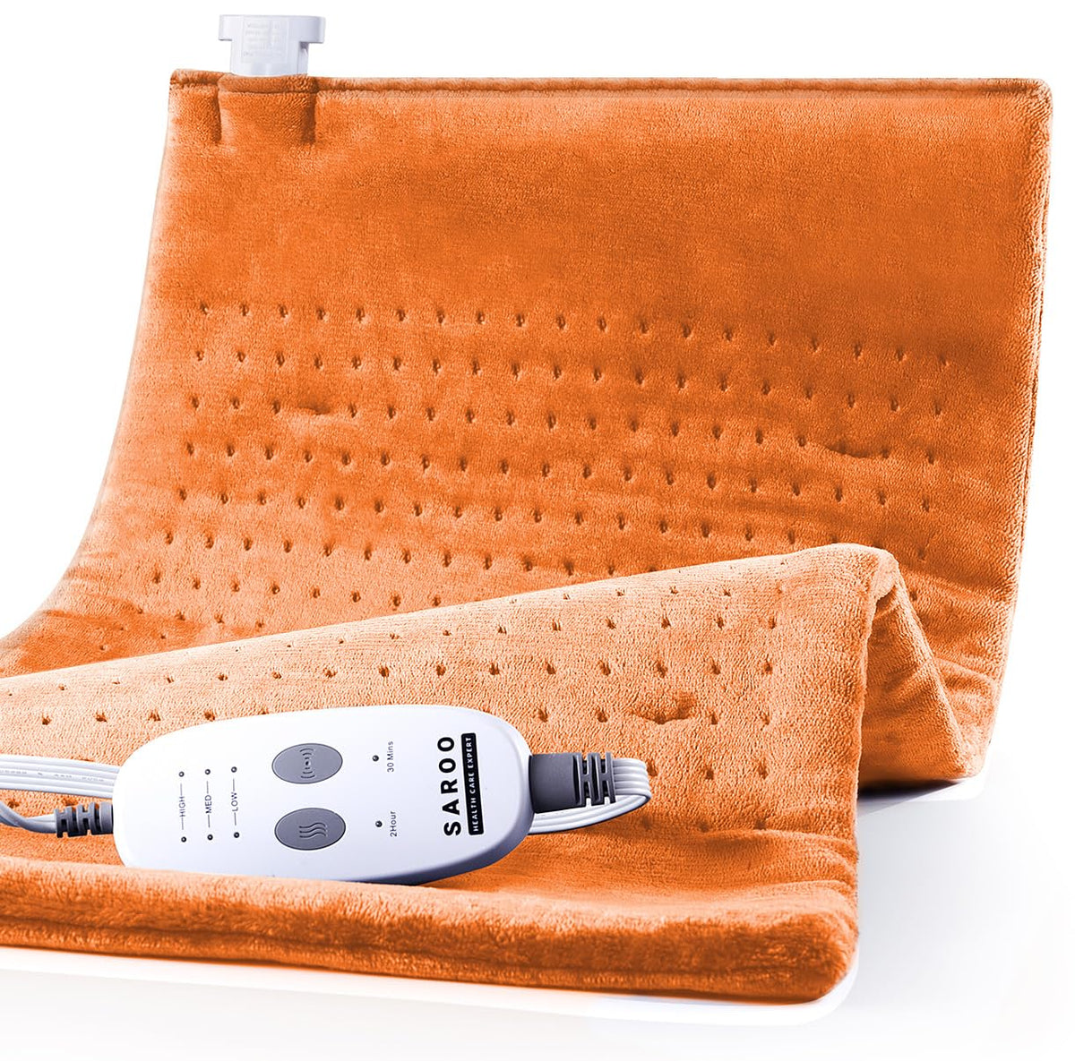 SAROO massaging weighted heating pad in pumpkin yellow covers 20x24 inches.