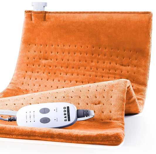 SAROO massaging weighted heating pad in pumpkin yellow covers 20x24 inches.