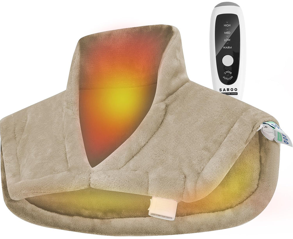 SAROO weighted heat pad in velvet fabric provides soothing warmth for neck and shoulders.