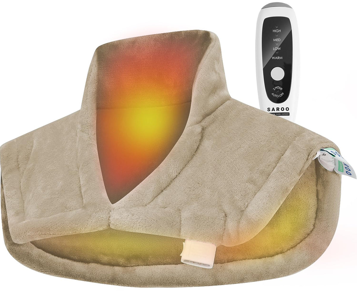 SAROO weighted heat pad in velvet fabric provides soothing warmth for neck and shoulders.