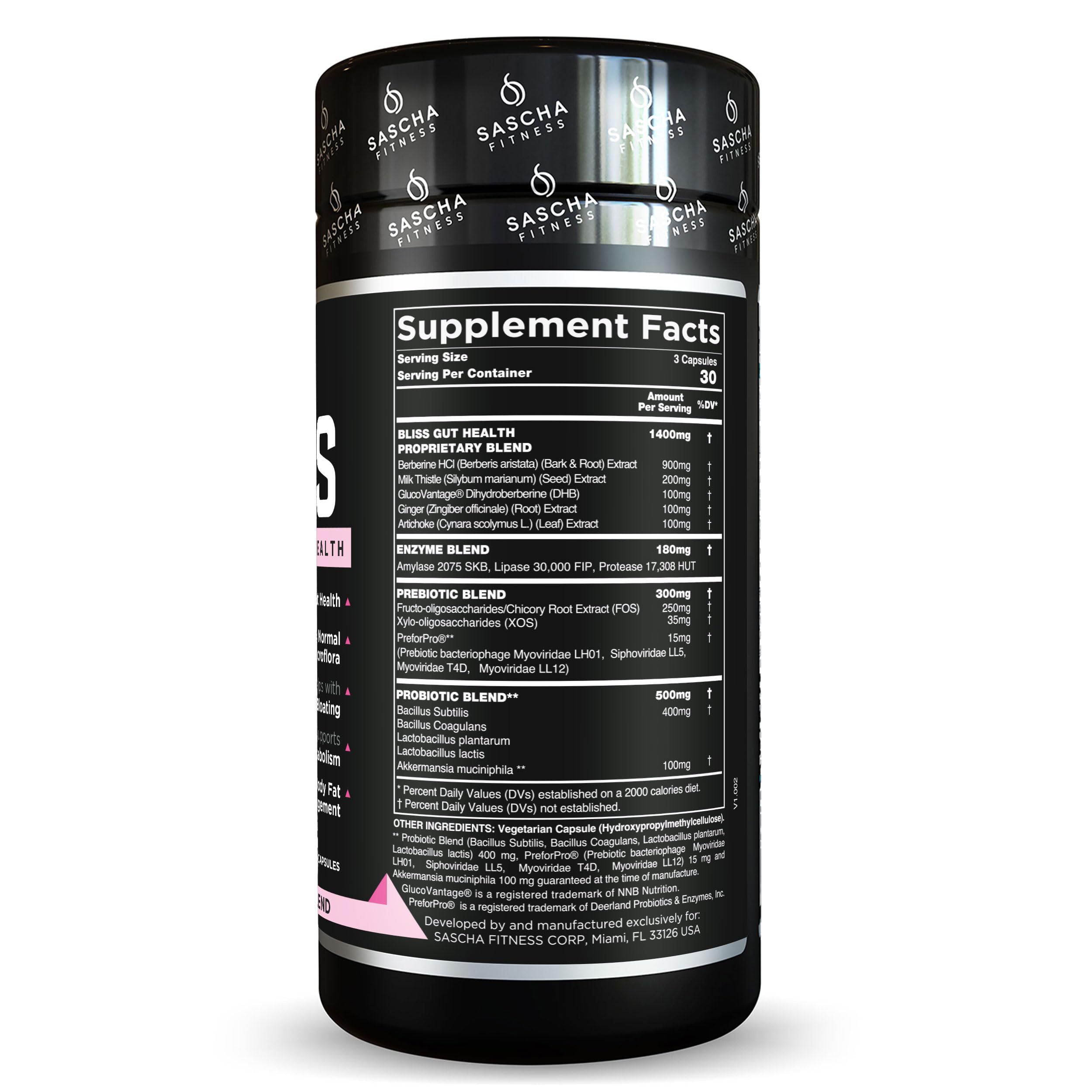 SASCHA FITNESS Bliss bottle on kitchen counter with label highlighting prebiotic and probiotic blend.