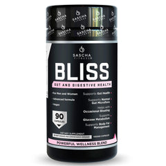 SASCHA FITNESS Bliss gut health bottle close-up showing capsules designed for daily digestion support.