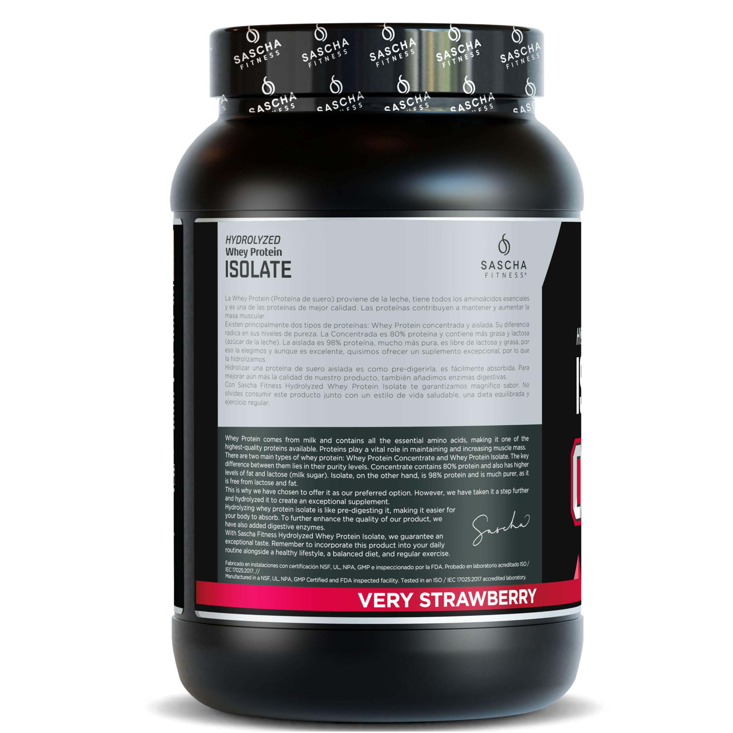 SASCHA FITNESS grass-fed whey protein isolate packaging highlighting clean nutrition