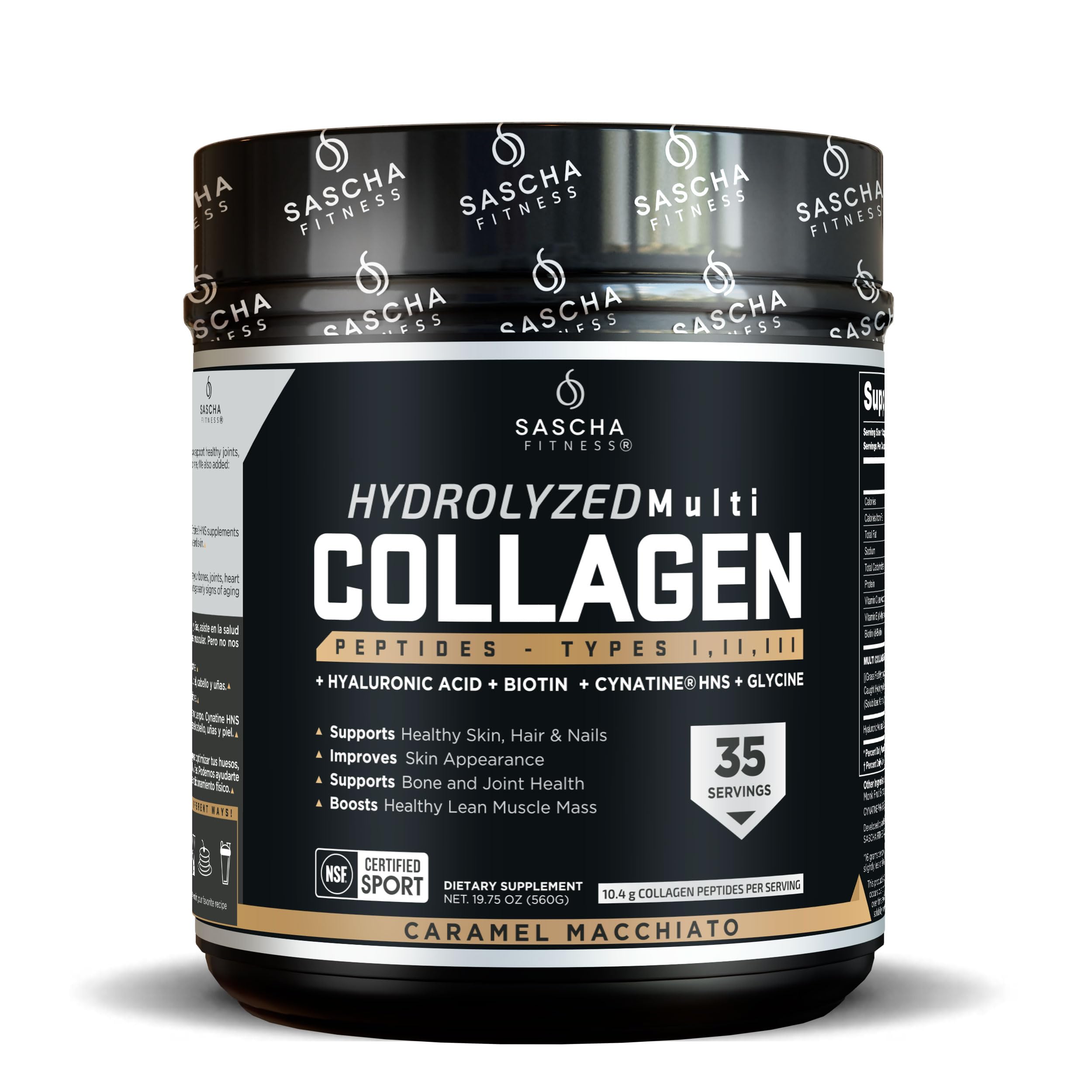 SASCHA FITNESS hydrolyzed collagen bottle showing premium blend for skin, hair, and bone support