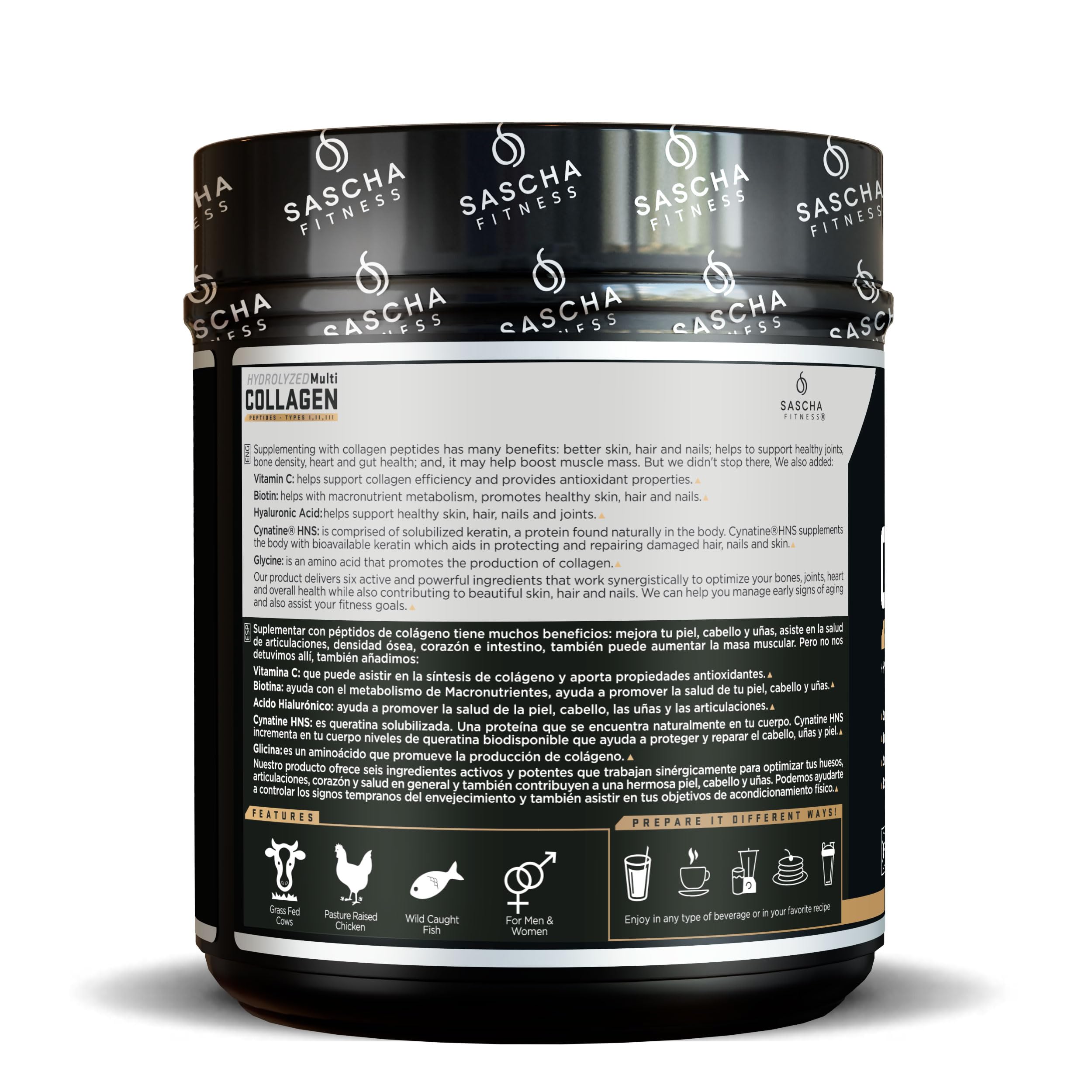 SASCHA FITNESS collagen powder scoop highlights convenient daily ritual for healthy-looking hair