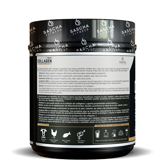 SASCHA FITNESS collagen powder scoop highlights convenient daily ritual for healthy-looking hair