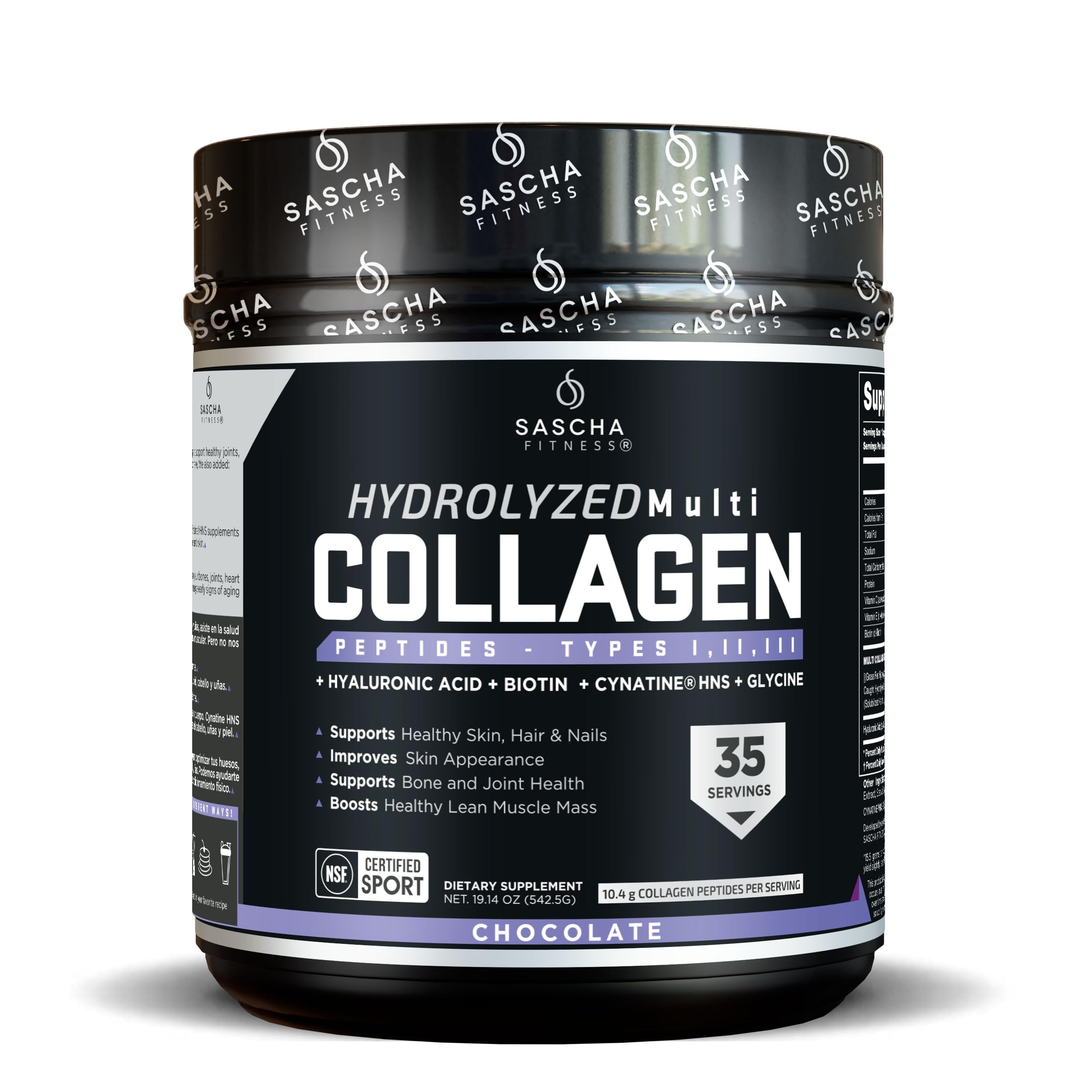 SASCHA FITNESS hydrolyzed collagen peptides chocolate bottle showing skin and hair support