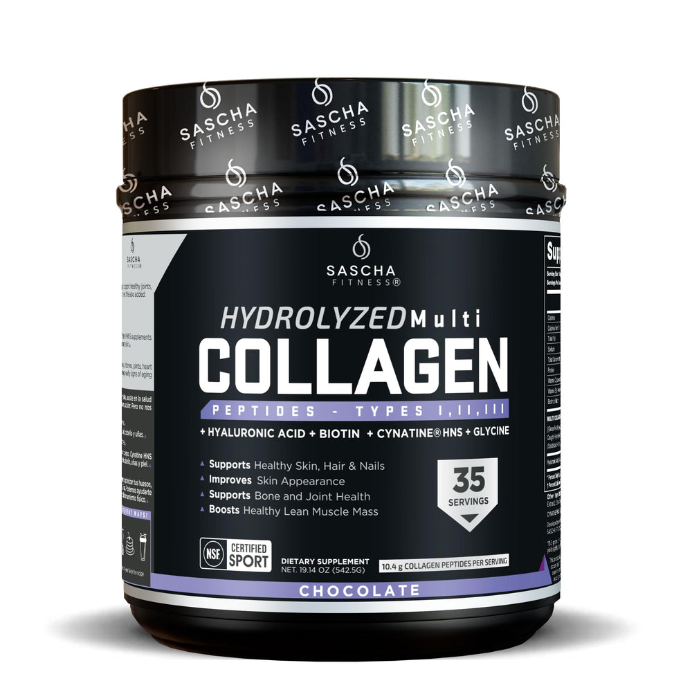 SASCHA FITNESS hydrolyzed collagen peptides chocolate bottle showing skin and hair support