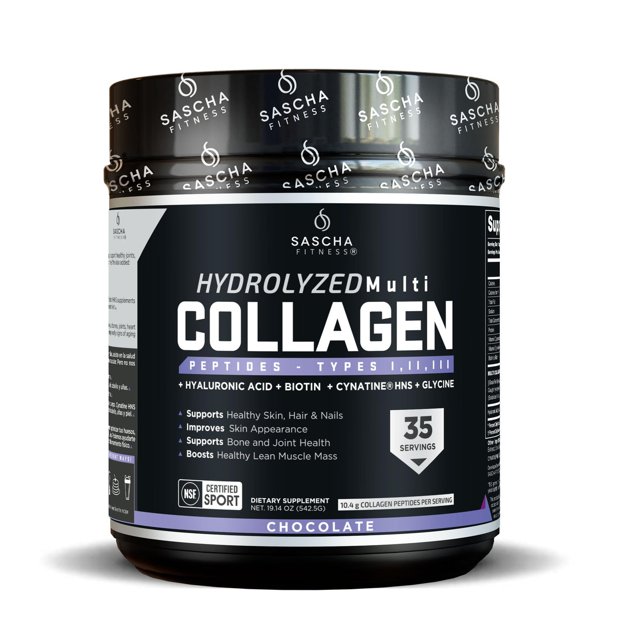 SASCHA FITNESS hydrolyzed collagen peptides chocolate bottle showing skin and hair support