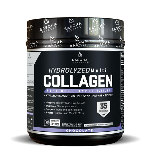 SASCHA FITNESS hydrolyzed collagen peptides chocolate bottle showing skin and hair support