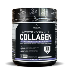 SASCHA FITNESS hydrolyzed collagen peptides chocolate bottle showing skin and hair support