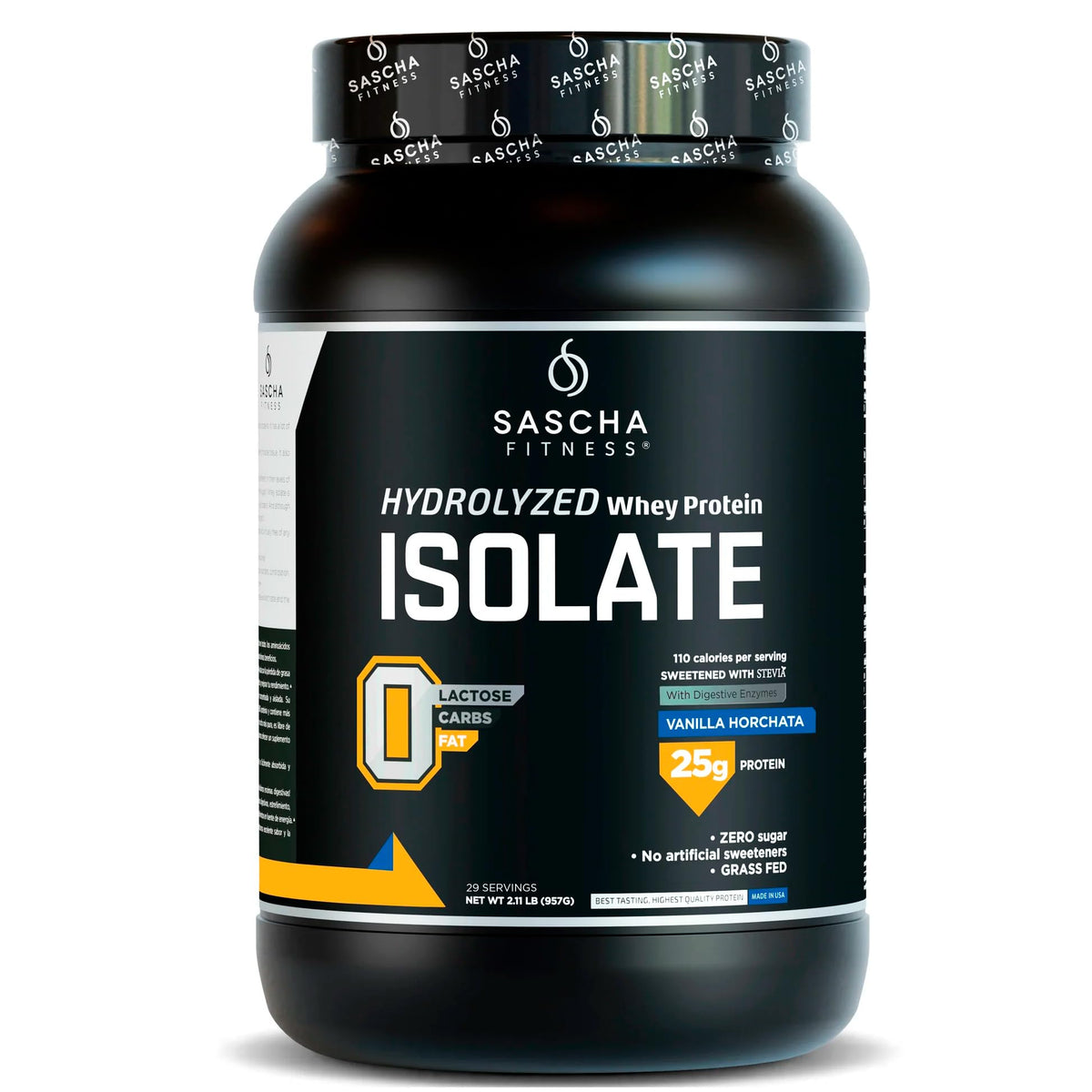 SASCHA FITNESS hydrolyzed whey isolate Vanilla Horchata bottle for fast absorption and muscle support.