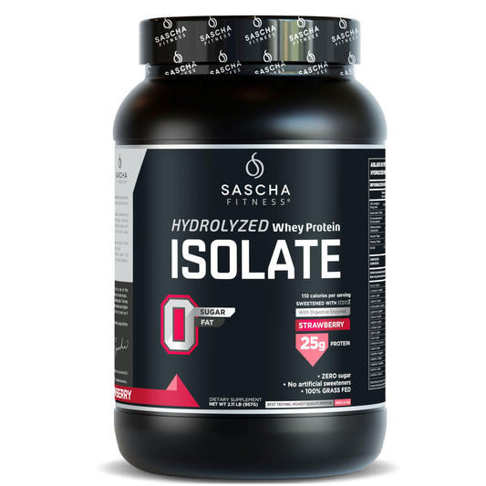 SASCHA FITNESS hydrolyzed whey protein isolate bottle showing fast-absorption nutrition for workouts