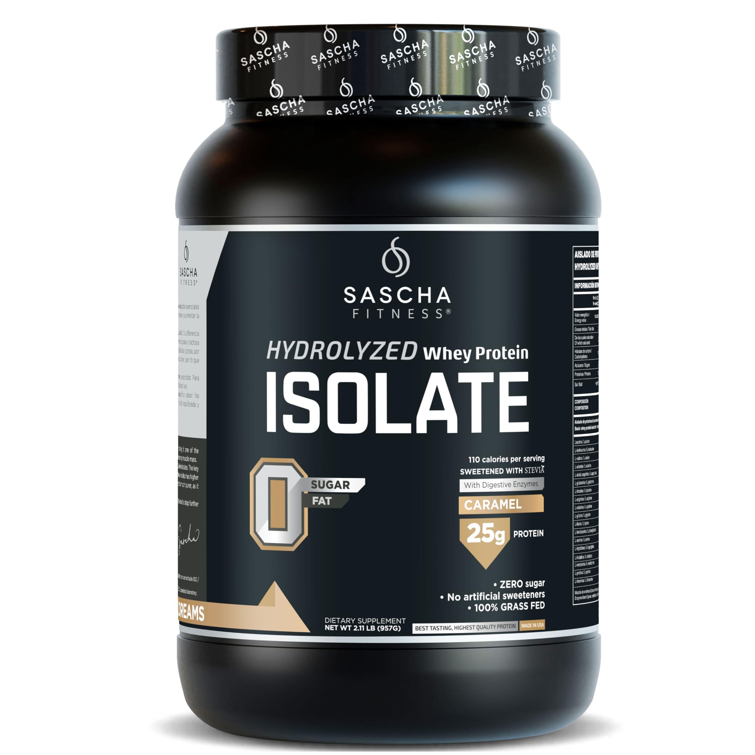 SASCHA FITNESS Hydrolyzed Whey Protein Isolate Caramel front-pack shot highlighting 25g protein per serving