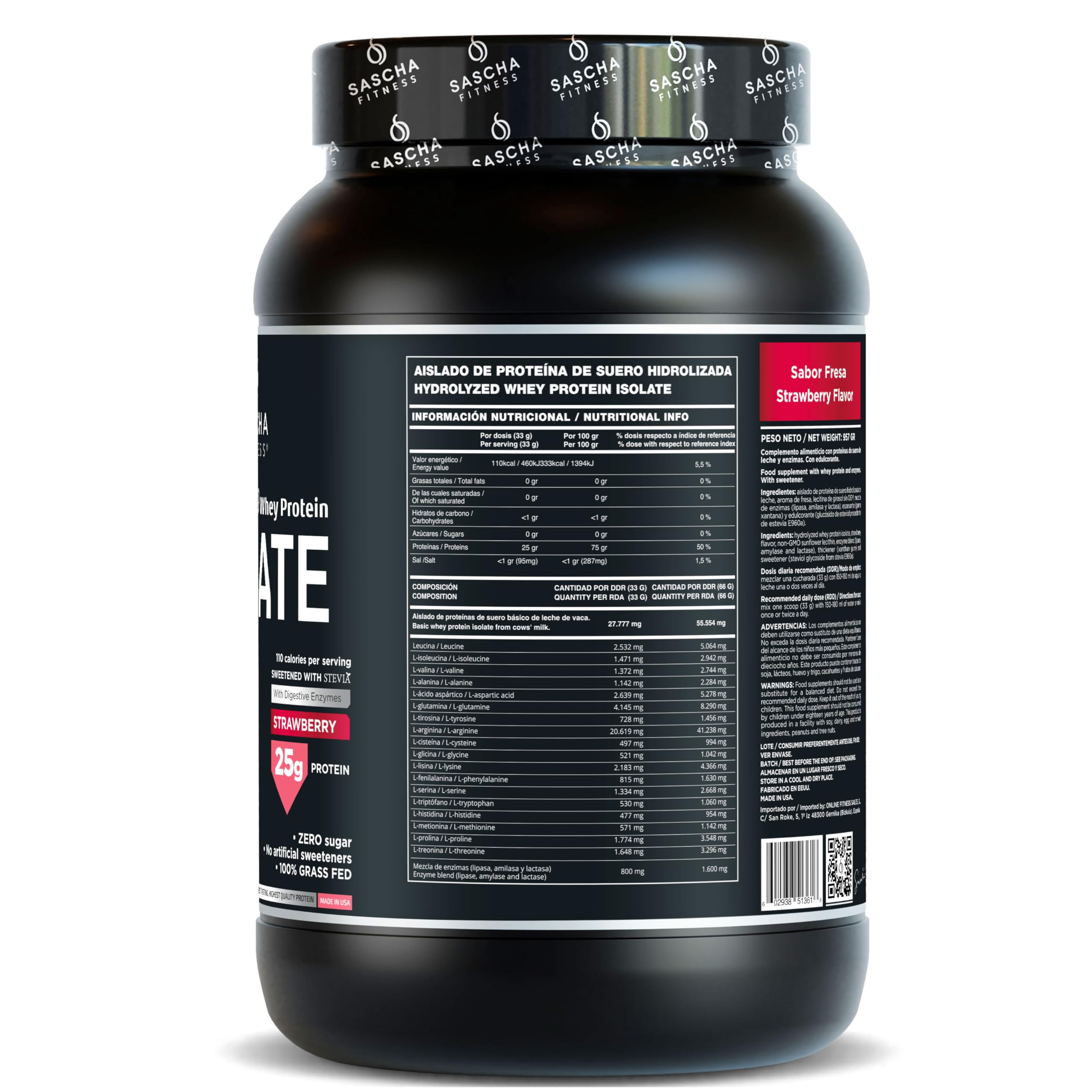 SASCHA FITNESS hydrolyzed whey protein isolate shake glass with creamy strawberry flavor