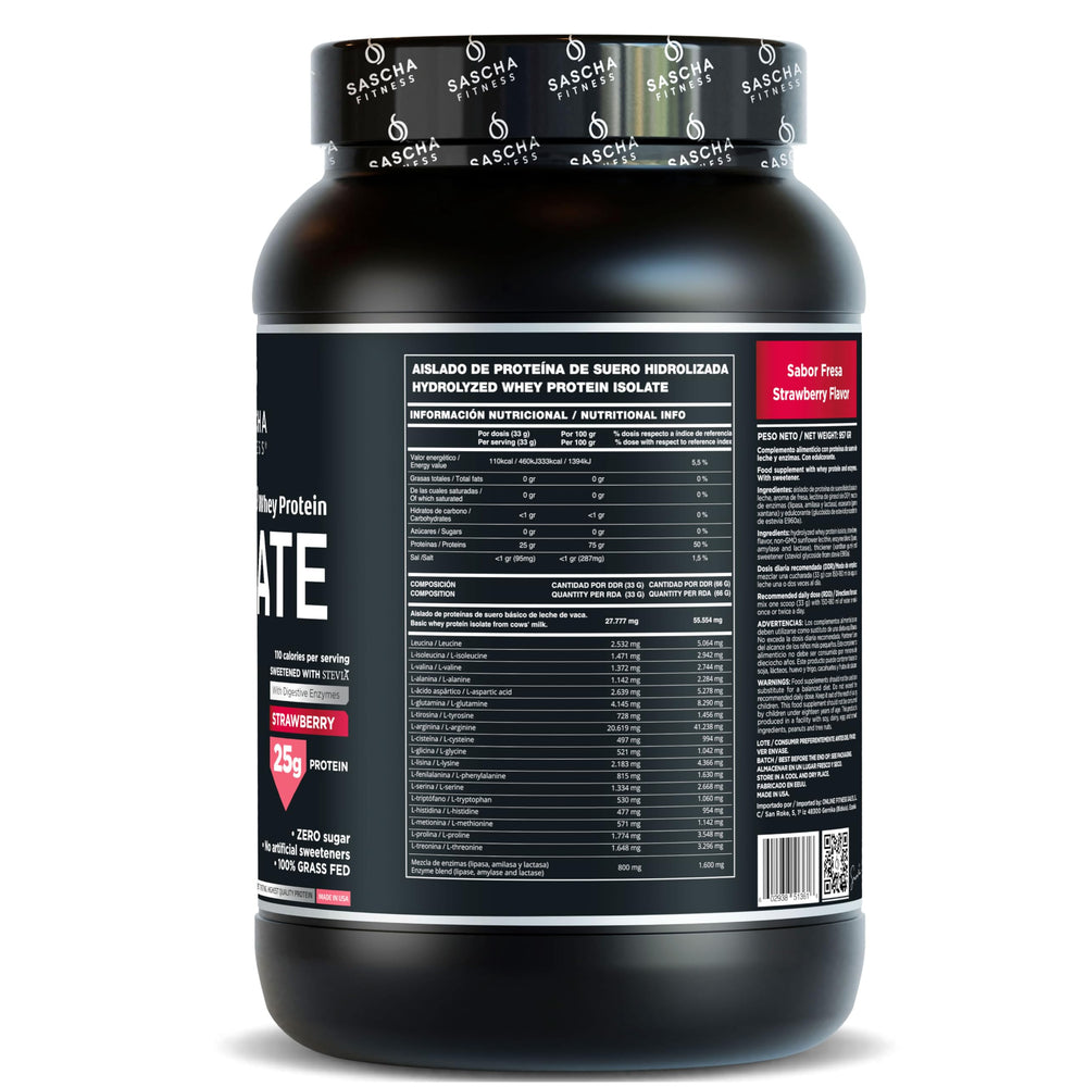 SASCHA FITNESS hydrolyzed whey protein isolate shake glass with creamy strawberry flavor