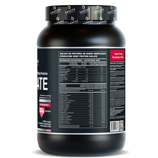 SASCHA FITNESS hydrolyzed whey protein isolate shake glass with creamy strawberry flavor
