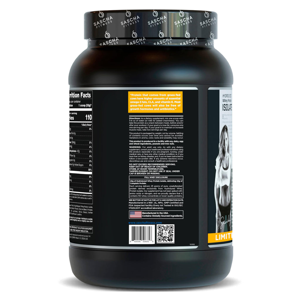 SASCHA FITNESS ingredient label close-up highlighting hydrolyzed protein and lactose-free qualities.