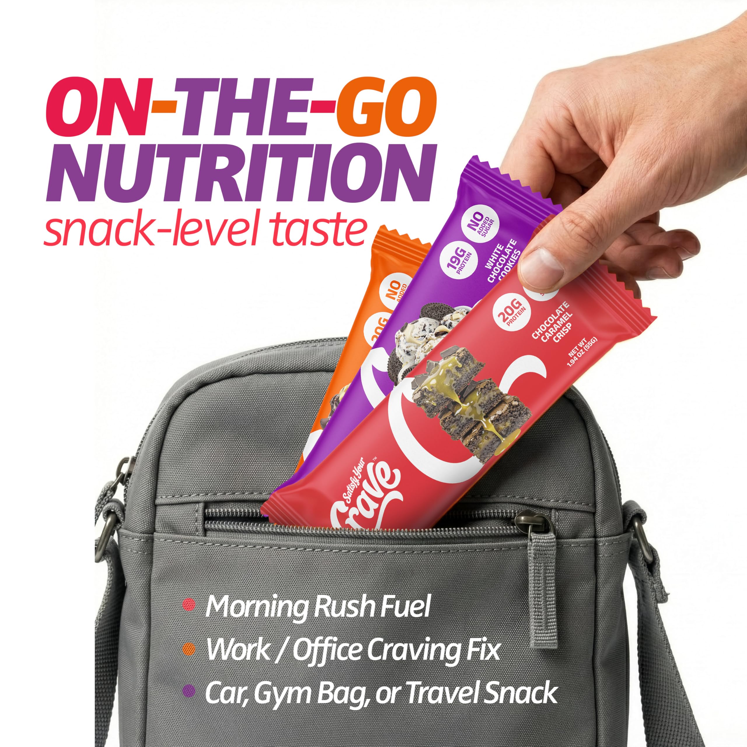 SATISFY YOUR CRAVE Crave Bars in-car glovebox-friendly snack that reduces mid-drive hunger.