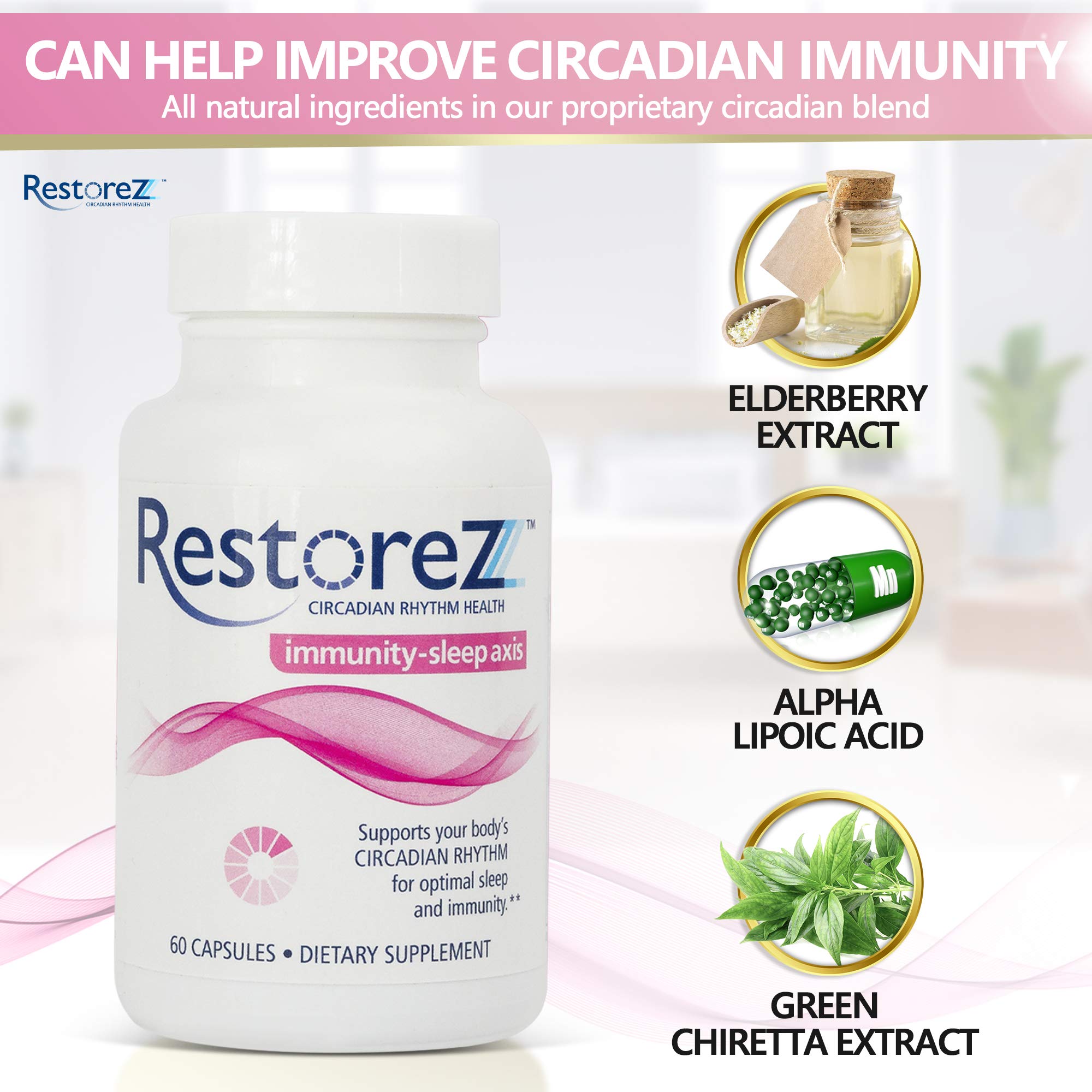 Pouring RestoreZ Sleep capsules into a glass beside a soft night light.