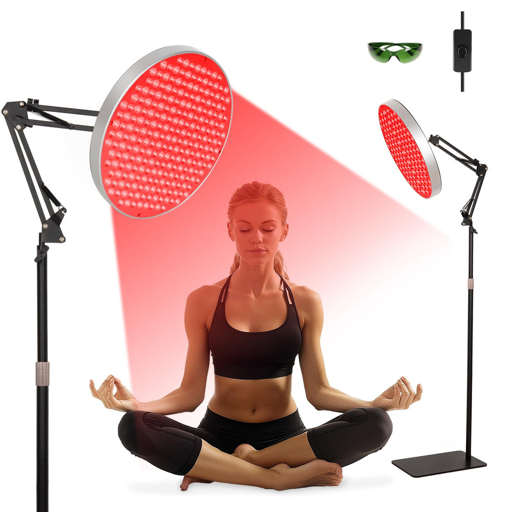 Saviler round red light therapy for the face, enhances skin appearance and relaxation.