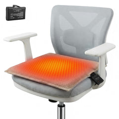SAVIOR HEAT portable heated seat cushion on a chair for instant warmth during work or travel.