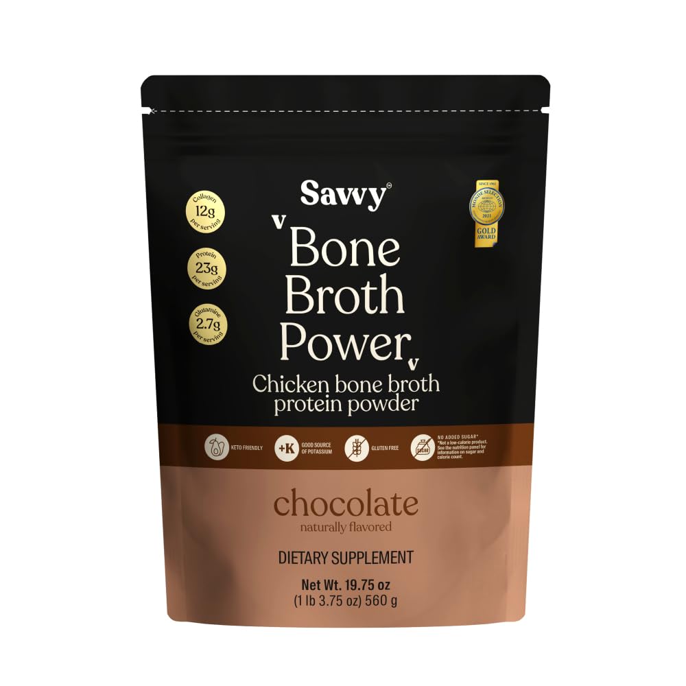 SAVVY Bone Broth Power chocolate protein powder bottle highlights 23g protein per serving for muscle support.