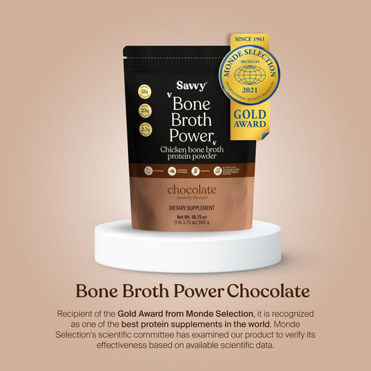SAVVY Bone Broth Power powder dispensing cup shows smooth mix with gluten-free and dairy-free profile.