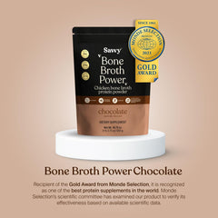 SAVVY Bone Broth Power powder dispensing cup shows smooth mix with gluten-free and dairy-free profile.