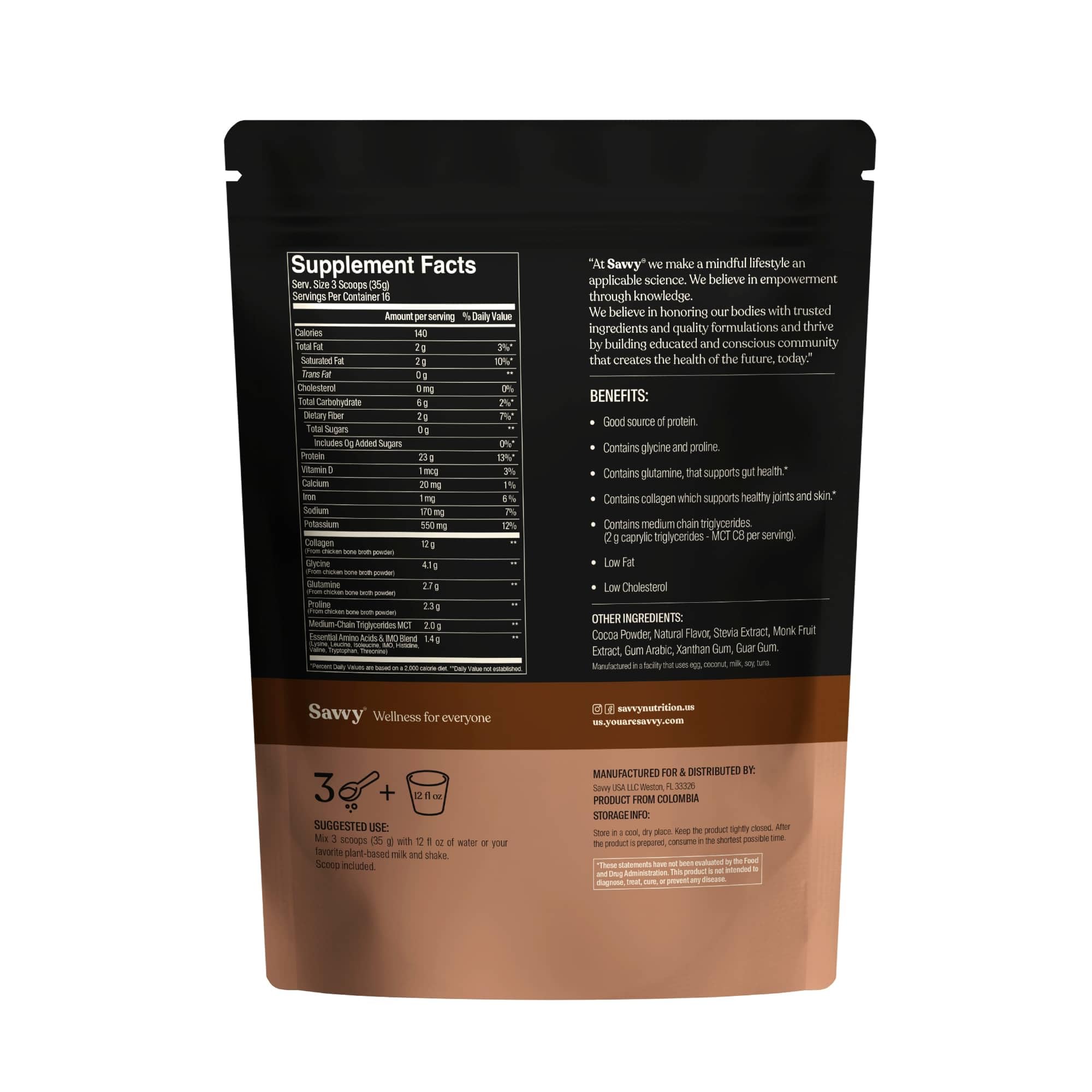 SAVVY Bone Broth Power ingredients glass reveals collagen and amino acids for skin and joints.