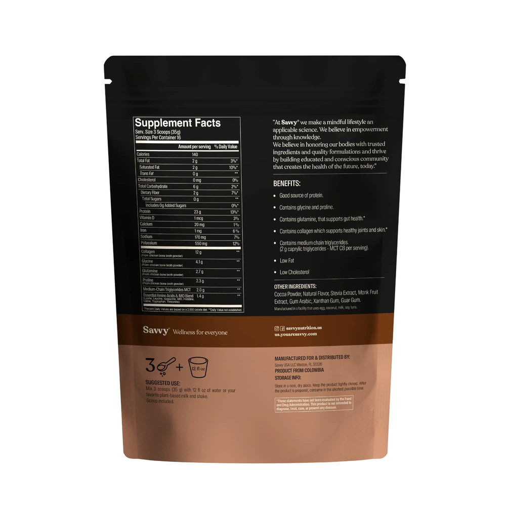 SAVVY Bone Broth Power ingredients glass reveals collagen and amino acids for skin and joints.