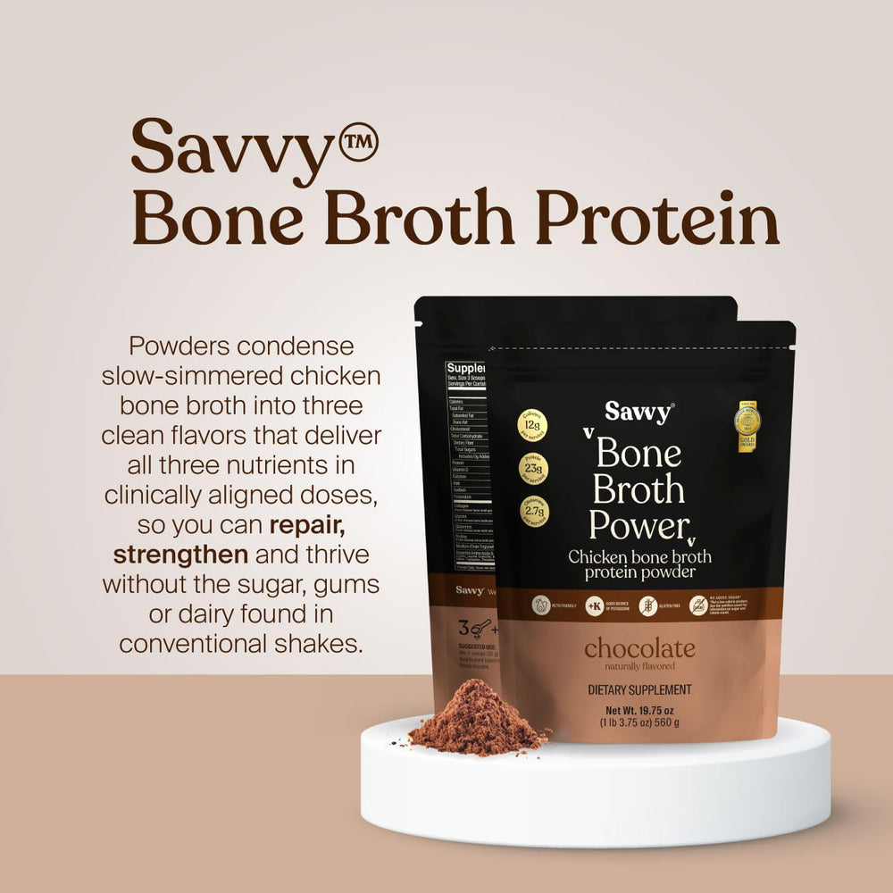 SAVVY label close-up shows award-winning bone broth quality.