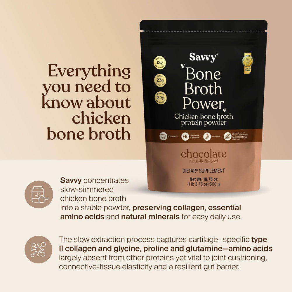 SAVVY Bone Broth Power mug with hot chocolate shows comforting, dairy-free treat.