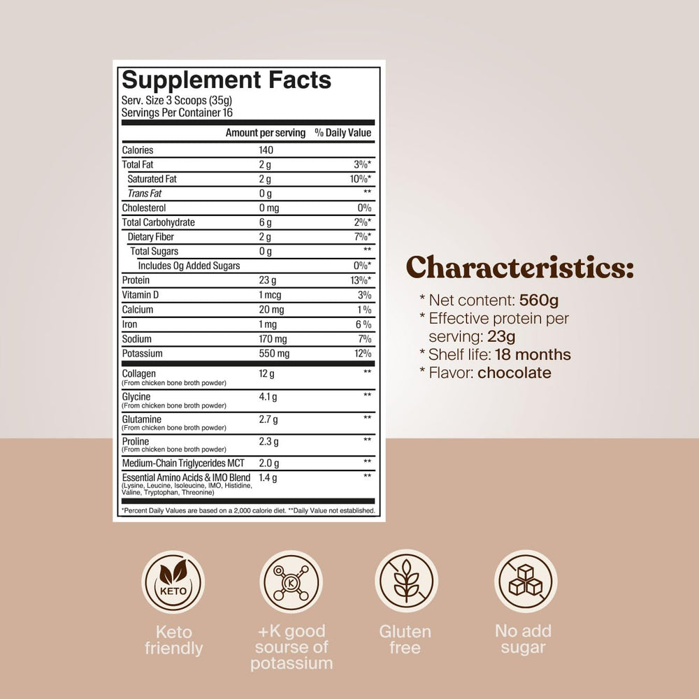 SAVVY Bone Broth Power serving size image highlights 560 g package for daily protein.