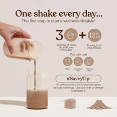 SAVVY Bone Broth Power shake bottle demonstrates post-workout recovery potential.