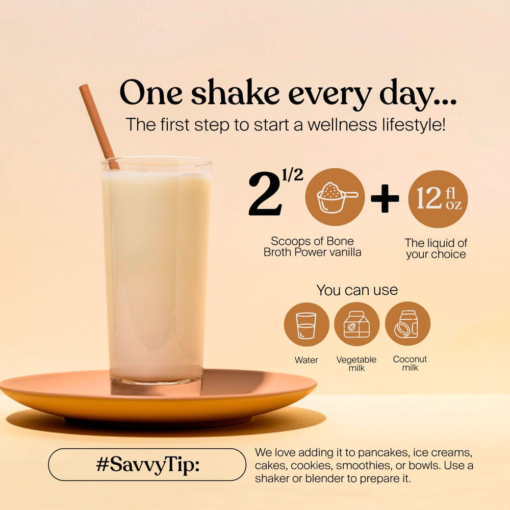 SAVVY Bone Broth Power Vanilla image shows gluten-free, dairy-free formula for sensitive diets