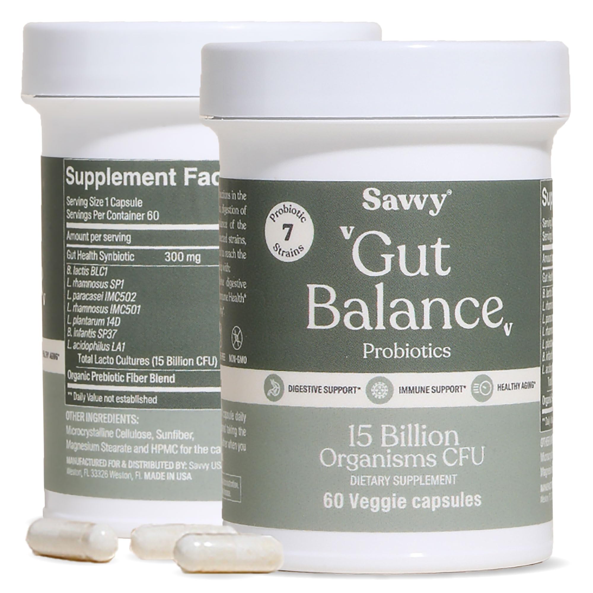 SAVVY Gut Balance Probiotics bottle on a countertop supporting daily digestive wellness