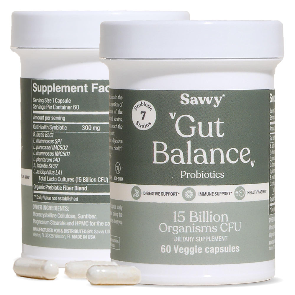 SAVVY Gut Balance Probiotics bottle on a countertop supporting daily digestive wellness
