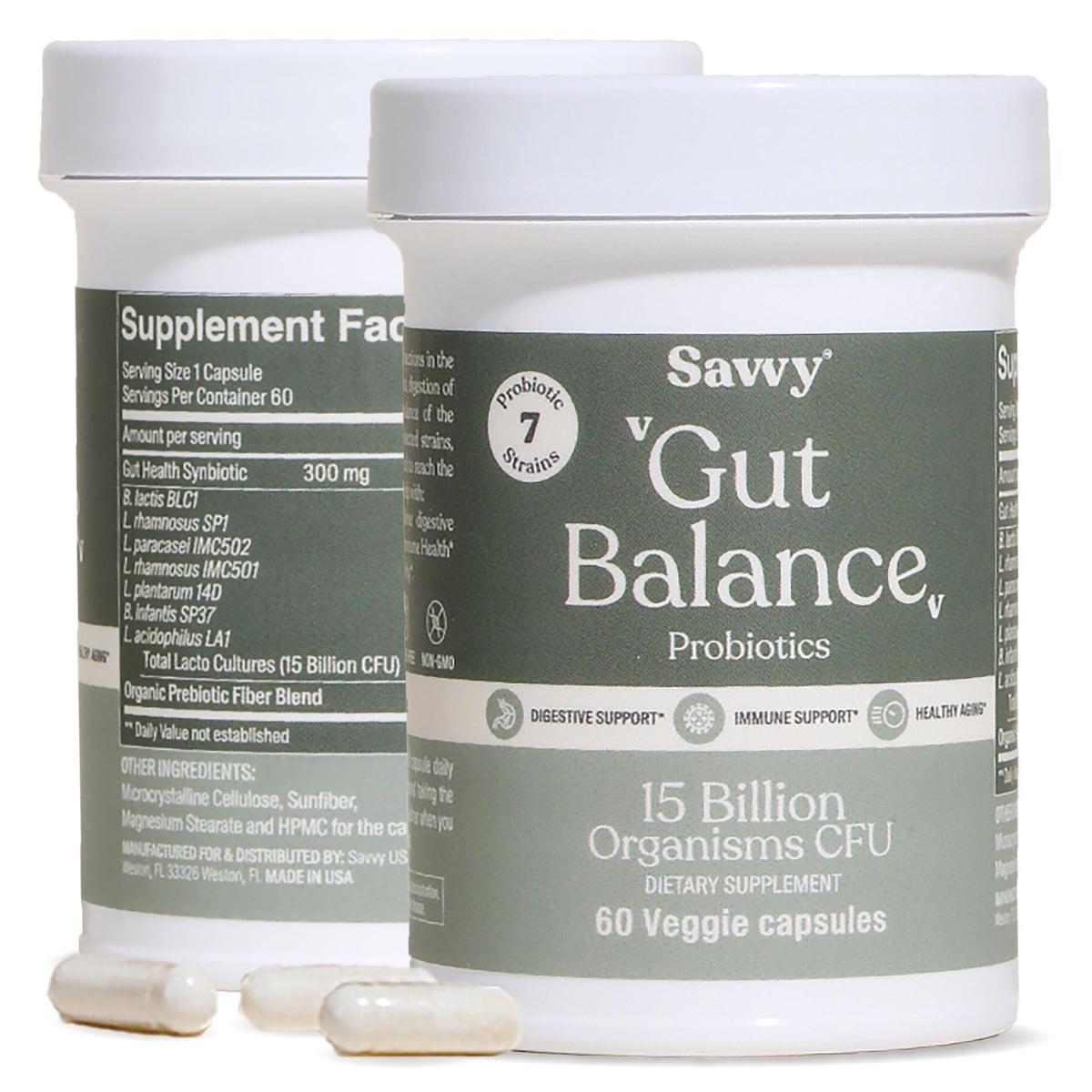 SAVVY Gut Balance Probiotics bottle on a countertop supporting daily digestive wellness