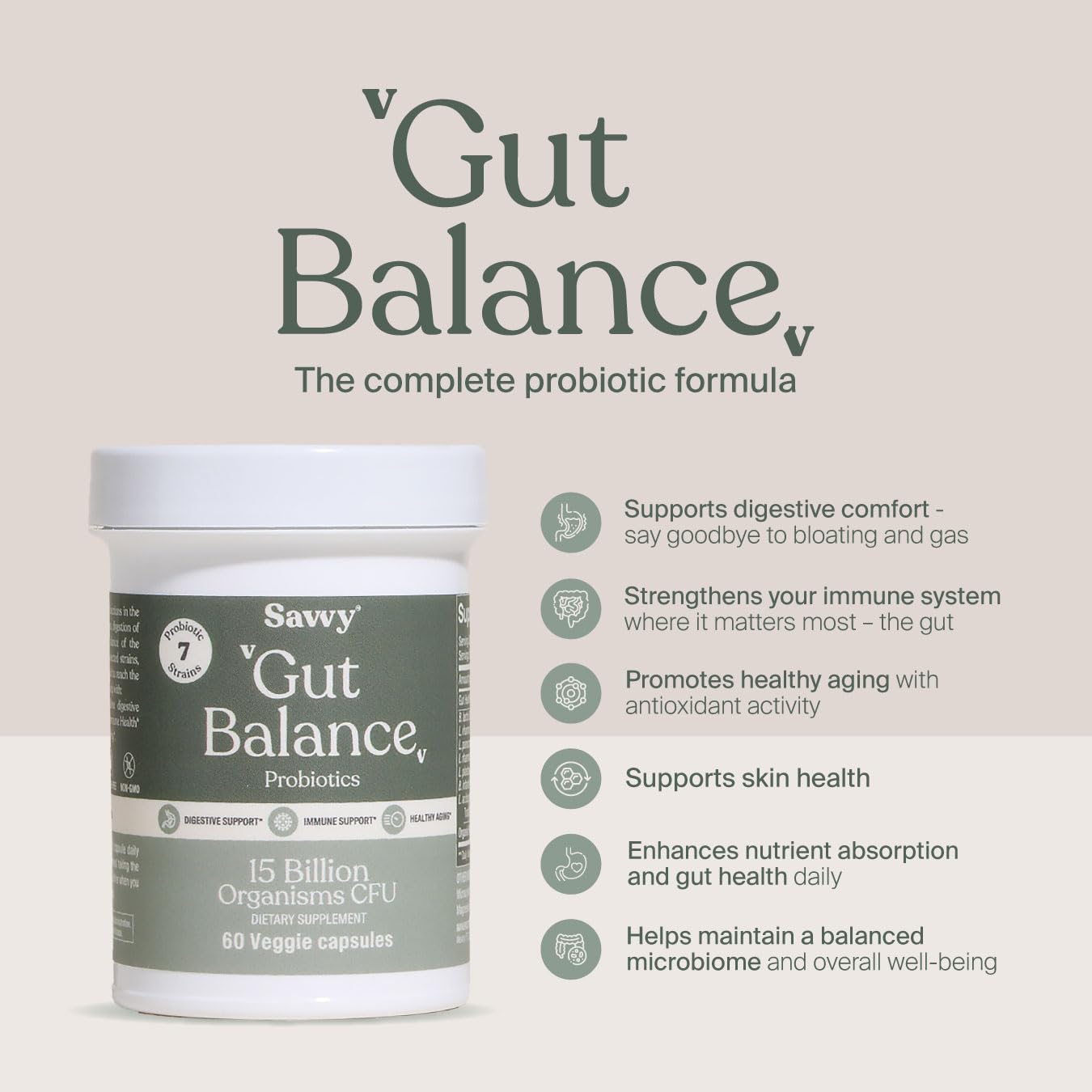 SAVVY label and packaging indicating vegan, non-GMO, and sugar-free formulation