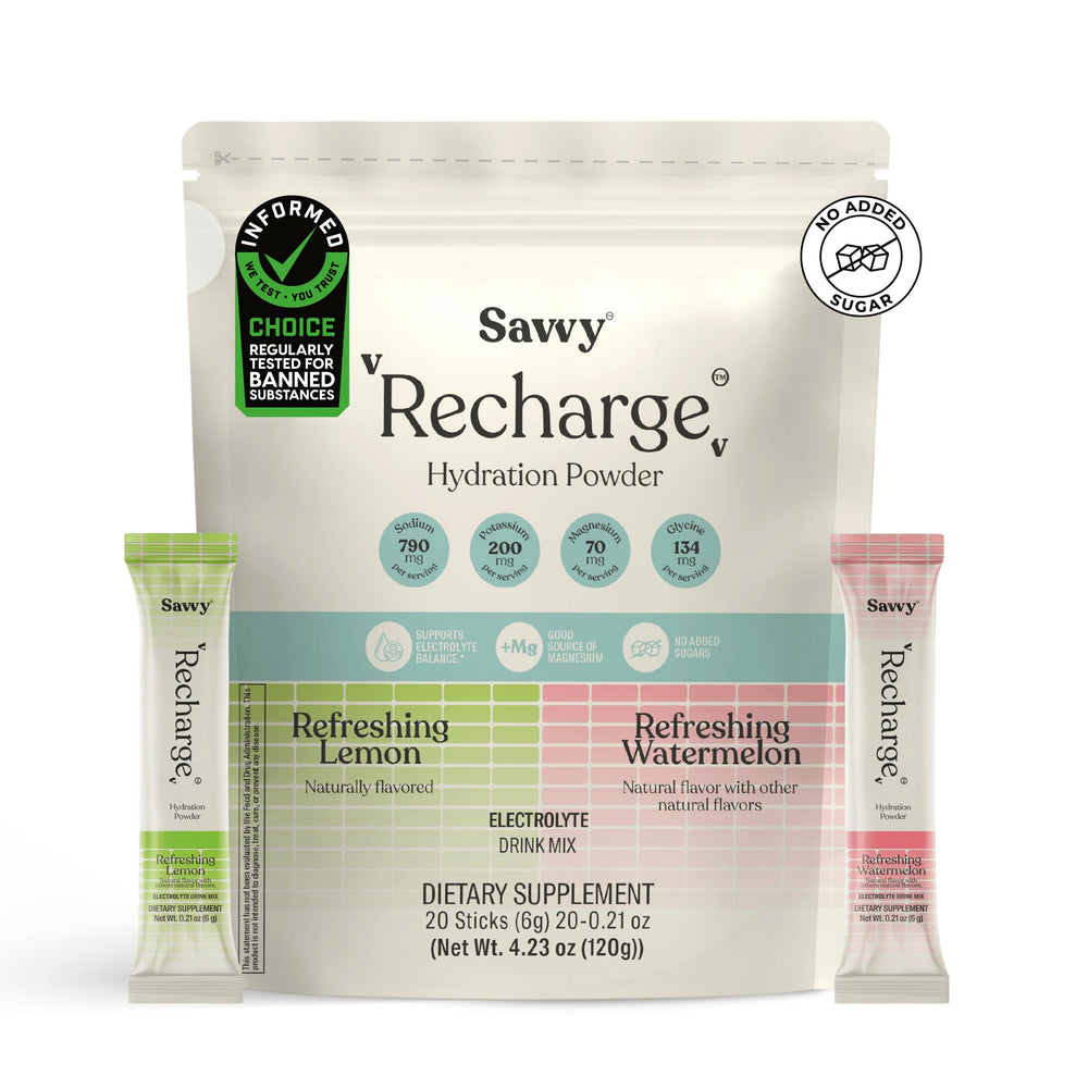SAVVY Recharge box showing lemon and watermelon flavors for on-the-go hydration.