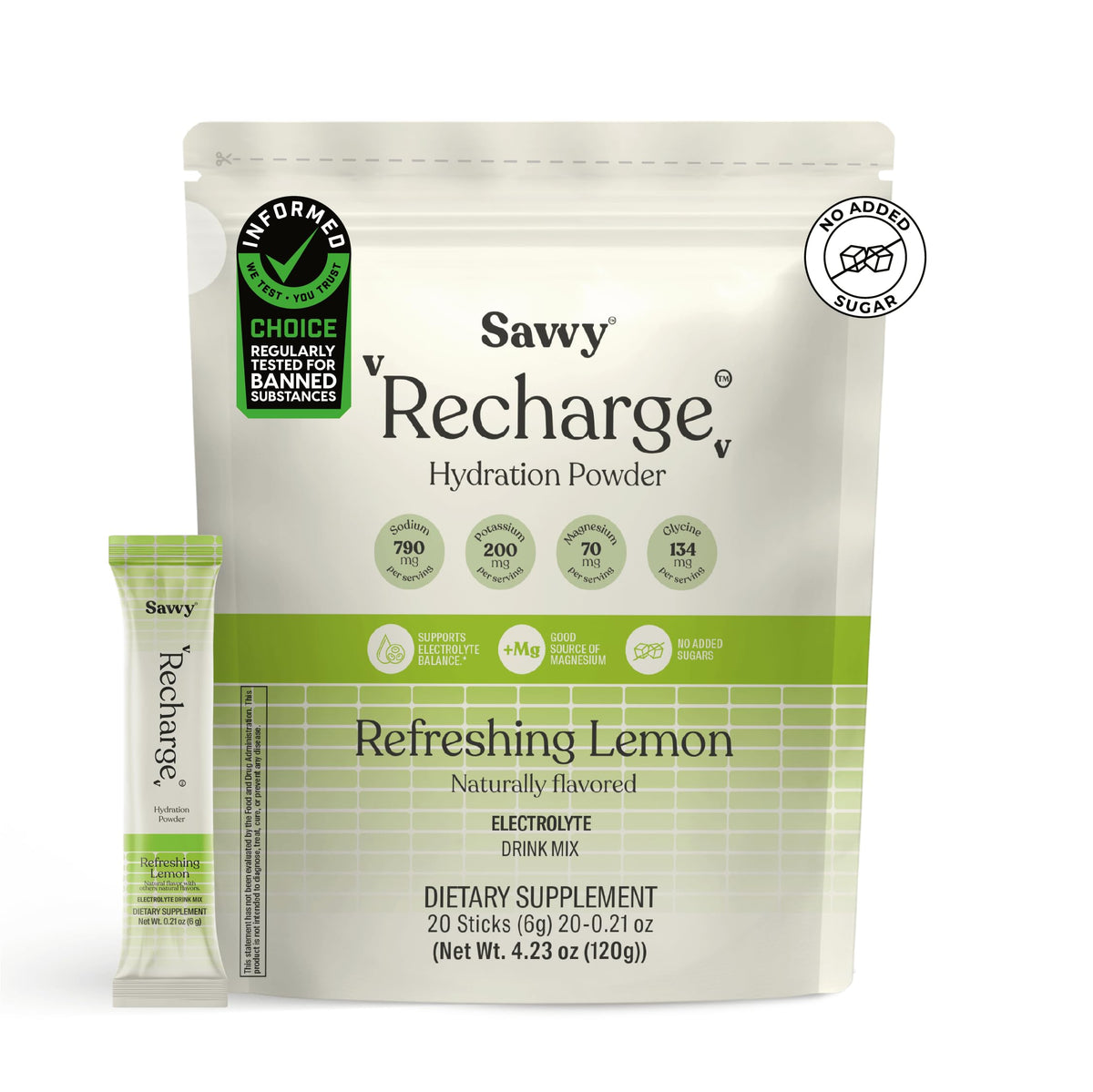 Savvy Recharge box with sachets ready for on-the-go hydration.