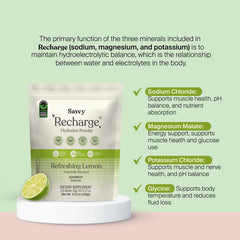 Savvy Recharge glycine-boosted hydration close-up showing absorption support.
