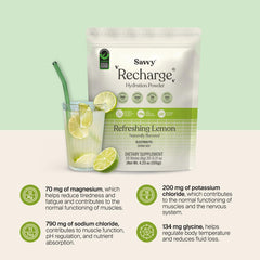 Savvy Recharge informed-choice label emphasizes clean, trusted hydration.