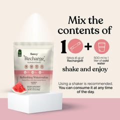 Savvy Recharge ingredient panel highlights electrolytes and glycine.