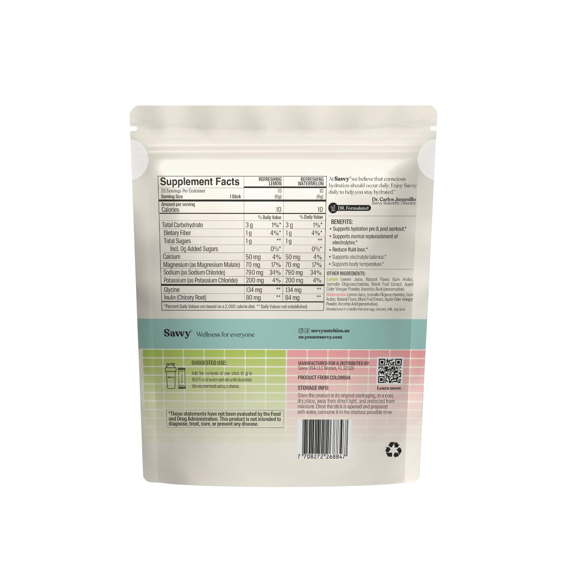 SAVVY Recharge lemon sachet ready to mix for refreshing hydration.