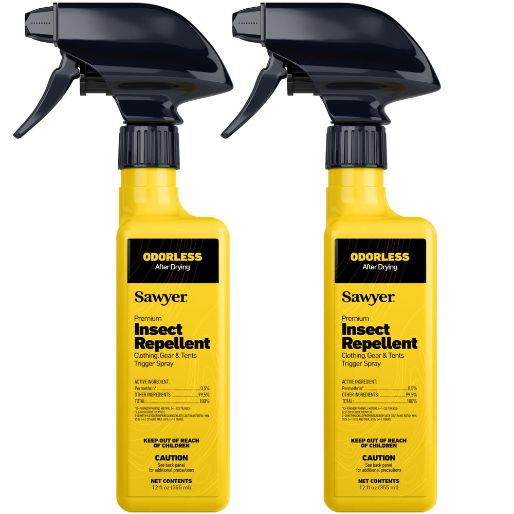 Sawyer Permethrin spray bottle applying protection to outdoor gear for long-lasting fabric defense