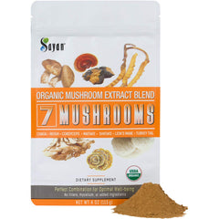 Sayan 7 Mushrooms jar on counter suggests convenient wellness routine