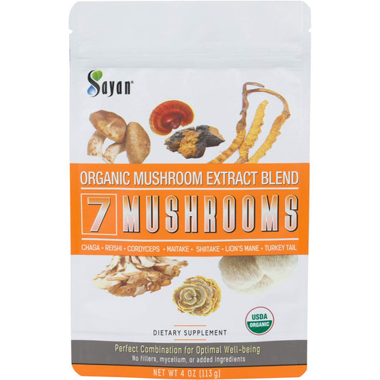 Sayan 7 Mushrooms packaging front shows USDA organic seven-mushroom blend for daily wellness