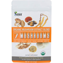 Sayan 7 Mushrooms packaging front shows USDA organic seven-mushroom blend for daily wellness
